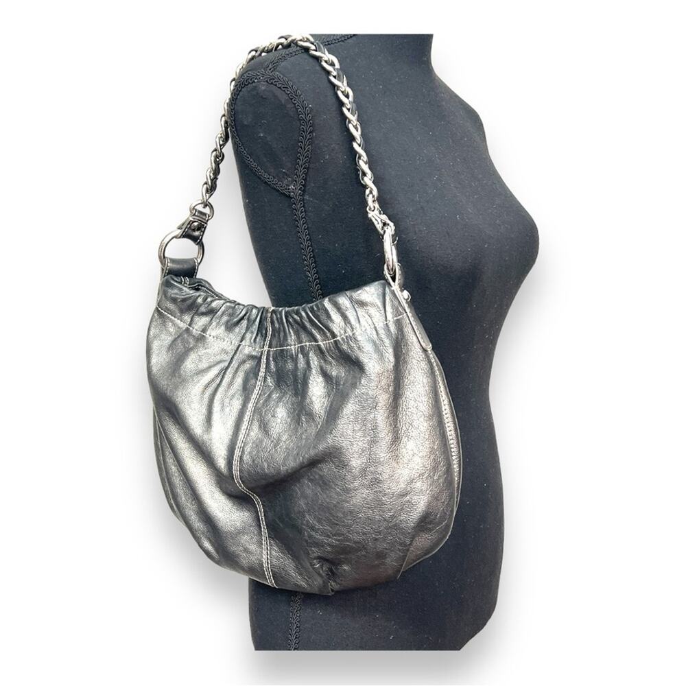 TALBOTS Metallic Gray Leather Hobo Shoulder Bag with Silver Tone Hardware